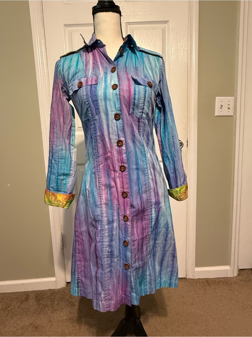 Tracy Feith Long-Sleeve Tie-Dye Shirt Dress in Blue & Purple